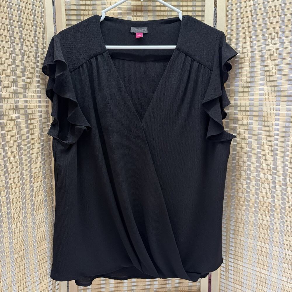 Vince Camuto Top Women's Large Black V-Neck Ruffle Sleeves Textured Blouse
